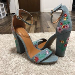 denim floral heels